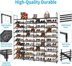 10 Tiers Metal Shoe Rack Organizer, 80 Pairs Large Capacity Shoe Storage Shelf with Side Hooks Adjustable PP Shelves Tool-Free Assembly Black Shoe Stand for Entryway Closet Garage Dorm