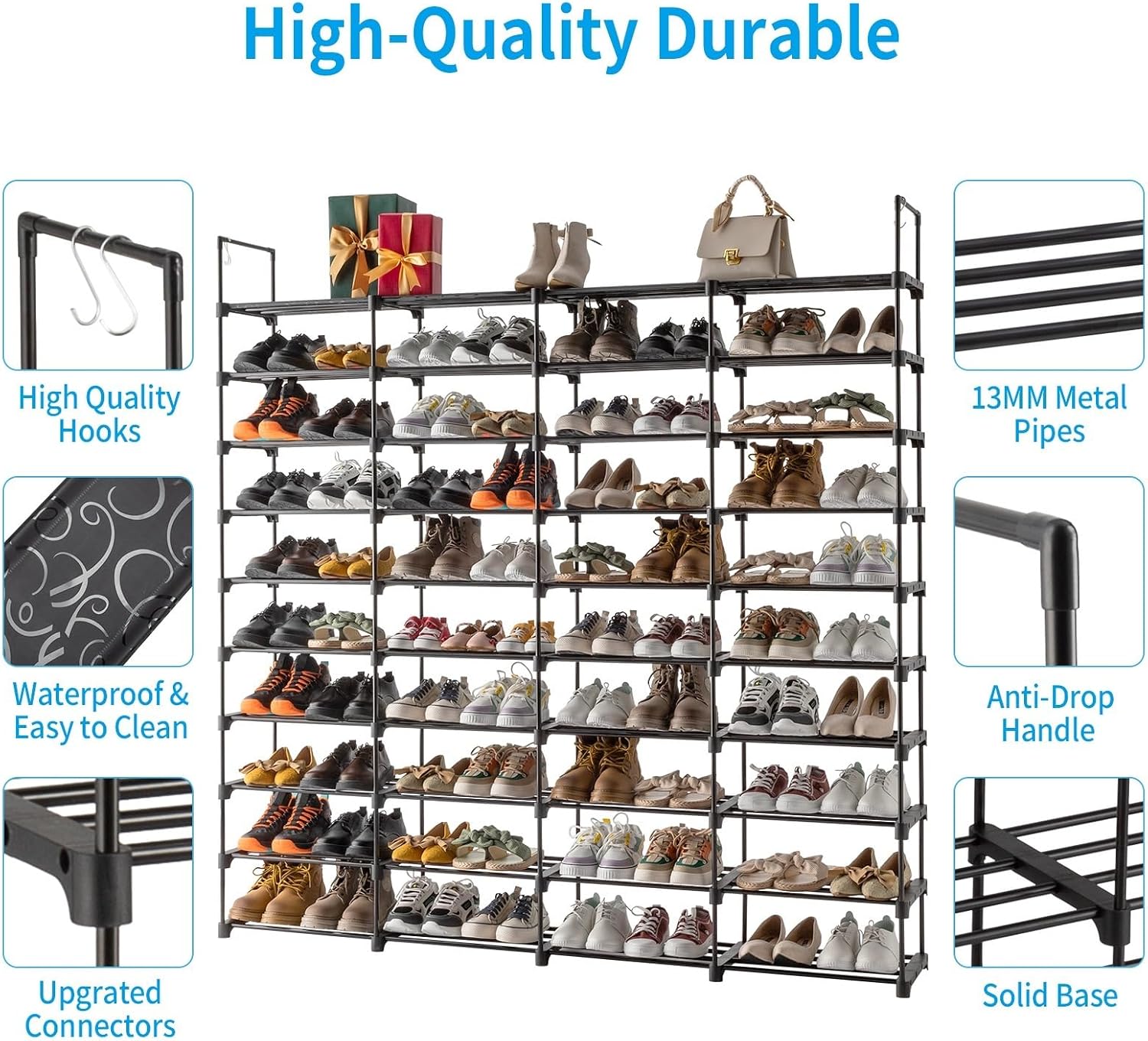 10 Tiers Metal Shoe Rack Organizer, 80 Pairs Large Capacity Shoe Storage Shelf with Side Hooks Adjustable PP Shelves Tool-Free Assembly Black Shoe Stand for Entryway Closet Garage Dorm