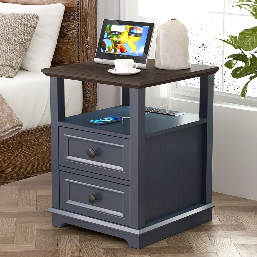 REDAYFUR End Table with Fast USB C Charging Station, 18" Wide Tall Sofa Side Table with 2 Drawers, Large Storage Rustic Wood Square Storage Cabinet for Living Room, Bedroom, Office, Blue