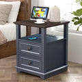 REDAYFUR End Table with Fast USB C Charging Station, 18" Wide Tall Sofa Side Table with 2 Drawers, Large Storage Rustic Wood Square Storage Cabinet for Living Room, Bedroom, Office, Blue