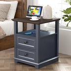 REDAYFUR End Table with Fast USB C Charging Station, 18" Wide Tall Sofa Side Table with 2 Drawers, Large Storage Rustic Wood Square Storage Cabinet for Living Room, Bedroom, Office, Blue