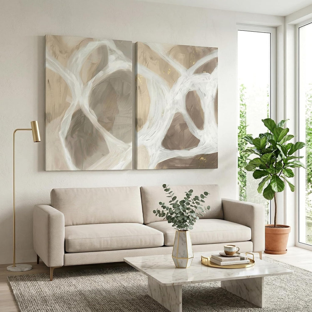 IUI Large Modern Abstract Canvas Wall Art - Neutral Gray, Beige & Gold Textured Canvas Prints, Minimalist Geometric Painting Artwork for Living Room Bedroom Office - 28" x 40"x 2