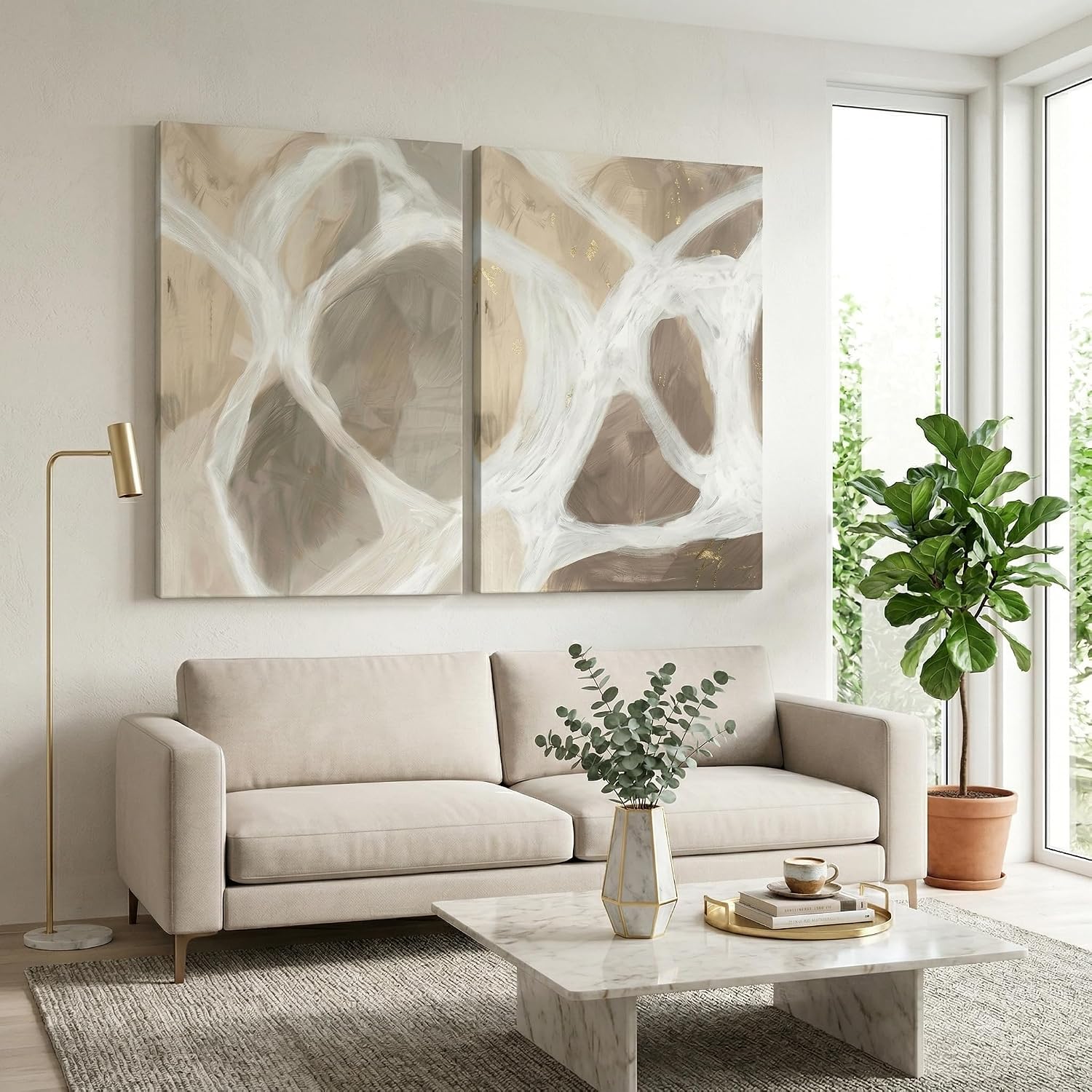IUI Large Modern Abstract Canvas Wall Art - Neutral Gray, Beige & Gold Textured Canvas Prints, Minimalist Geometric Painting Artwork for Living Room Bedroom Office - 28" x 40"x 2