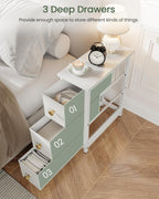 CHOEZON Narrow Side Table with 3 Fabric Drawers, Industrial Slim Bedside Table for Small Spaces, Bedroom, Living Room, Dormitory, White TBZ09WB