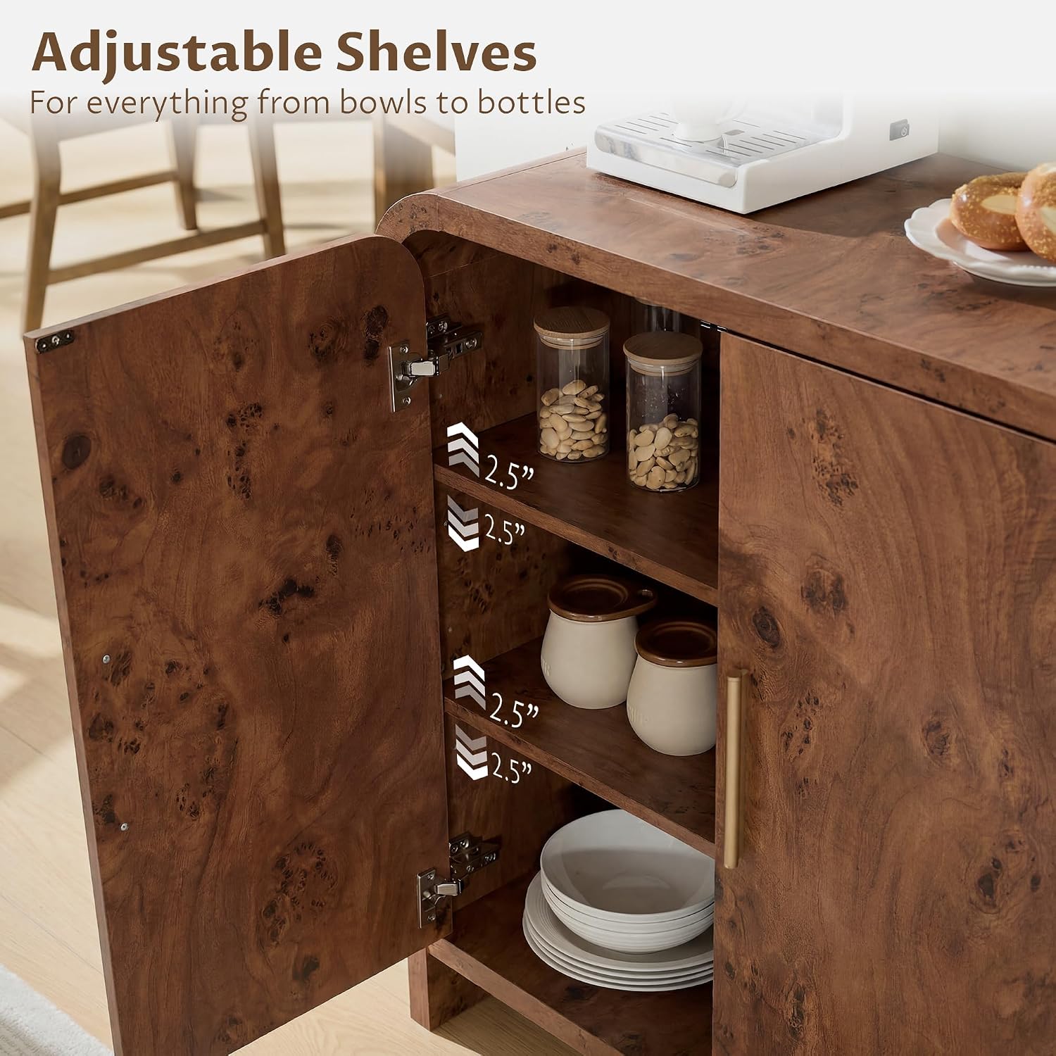Set of 2 Sideboard Buffet Cabinet, Buffet Cabinet with Storage and 2 Adjustable Shelves, Sideboard credenza Cabinet for Kitchen Entryway, Dark Walnut Burl