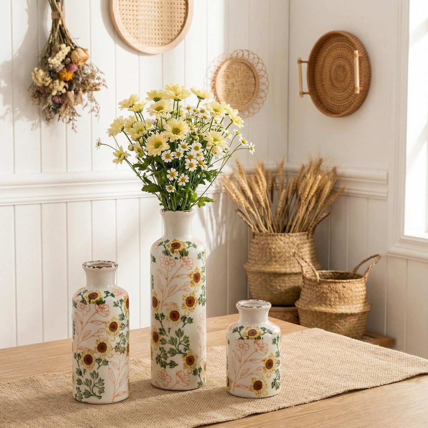 Vintage Ceramic Flower Vase Set of 3, Rustic Farmhouse Vase for Home Decor, Distressed Decorative Vase for Table Entryway Mantel Centerpiece Living Room Bathroom Bedroom (Sunflower Crackle)