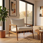 Modway Nomi Teak Wood Outdoor Sling Accent Chair in Natural White - Faux Leather Vegan Patio Armchair with Removable Cushioned Upholstery