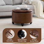 WUTUTUEE 24Inch Round Storage Ottoman with Tray, Modern Tufted Leather Circle Coffee Table with Storage, Upholstered Ottoman with Removable Top for Living Room, Bedroom, Leather Coffee