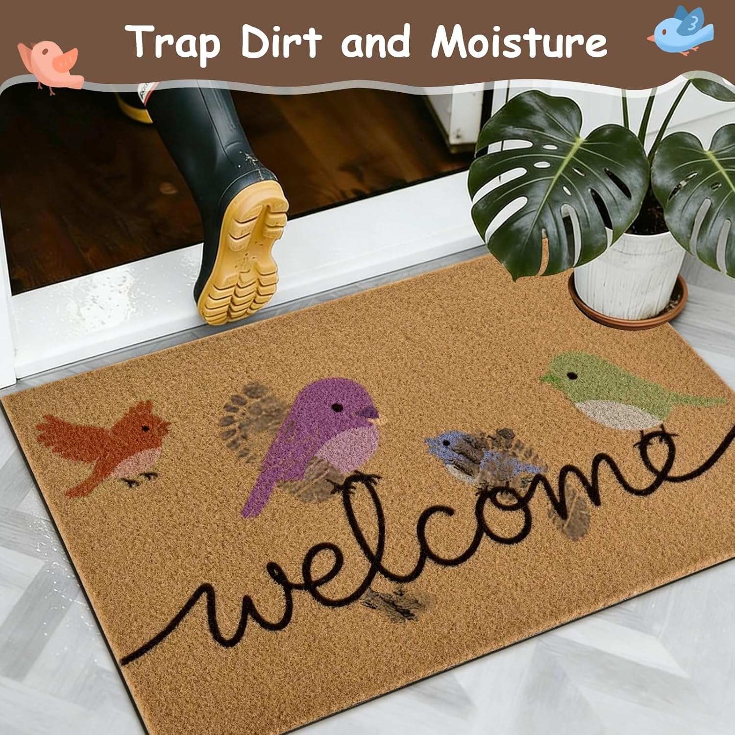 Yinhua Colorful Birds Coir Door Mat, Heavy Duty Welcome Mat with Non-Slip Rubber Backing, Low Pile Front Door Mats for Outside Entrance, Natural Entry Mats Coconut Fiber Surface for Porch 17"x30"