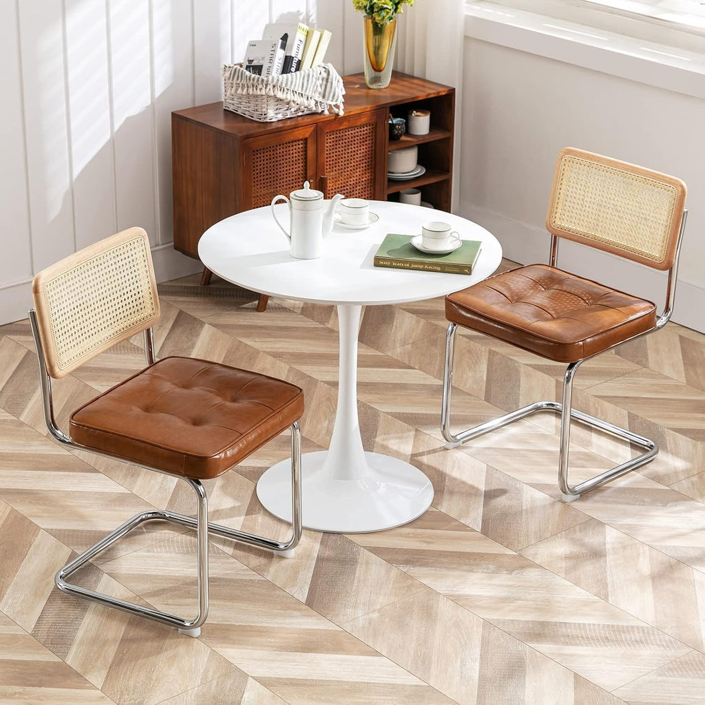Zesthouse Natural Rattan Dining Chairs Set of 2, Mid Century Modern Dining Room Chairs with Chrome Leg, Faux Leather Kitchen Chair with Solid Wood Back & Cane Mesh, Breuer Cesca Design Inspired, Brown