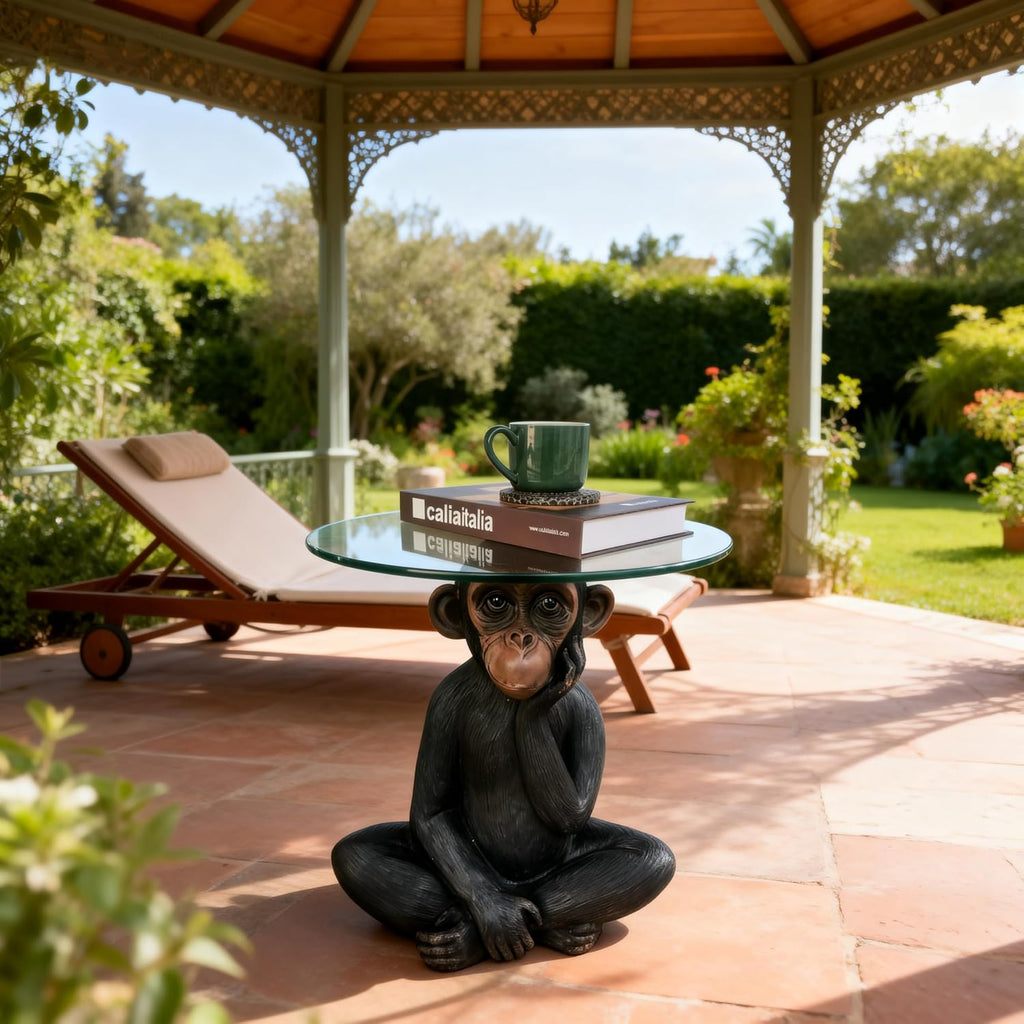 Animal Resin Side Table, Monkey Base Glass Top Side Table, Art Deco Style, Suitable for Gardens, Courtyards, Living Rooms, and Gifting (13in)
