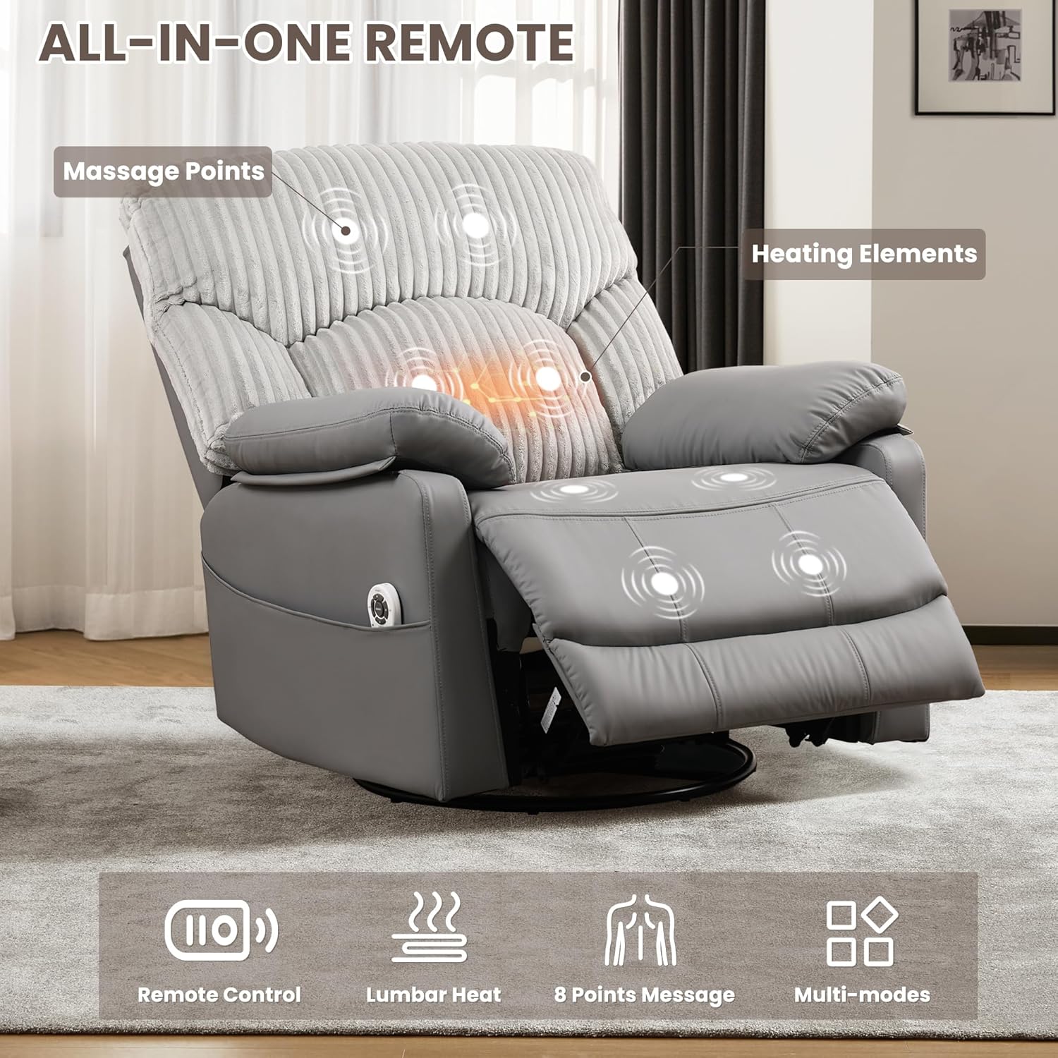 GRAINELL Power Recliner Chair with Massage and Heat, Electric Recliner Nursery Rocking Chairs, USB, Gliding & 270° Swivel Recliner, for Living Room Nursery Chair, Grey