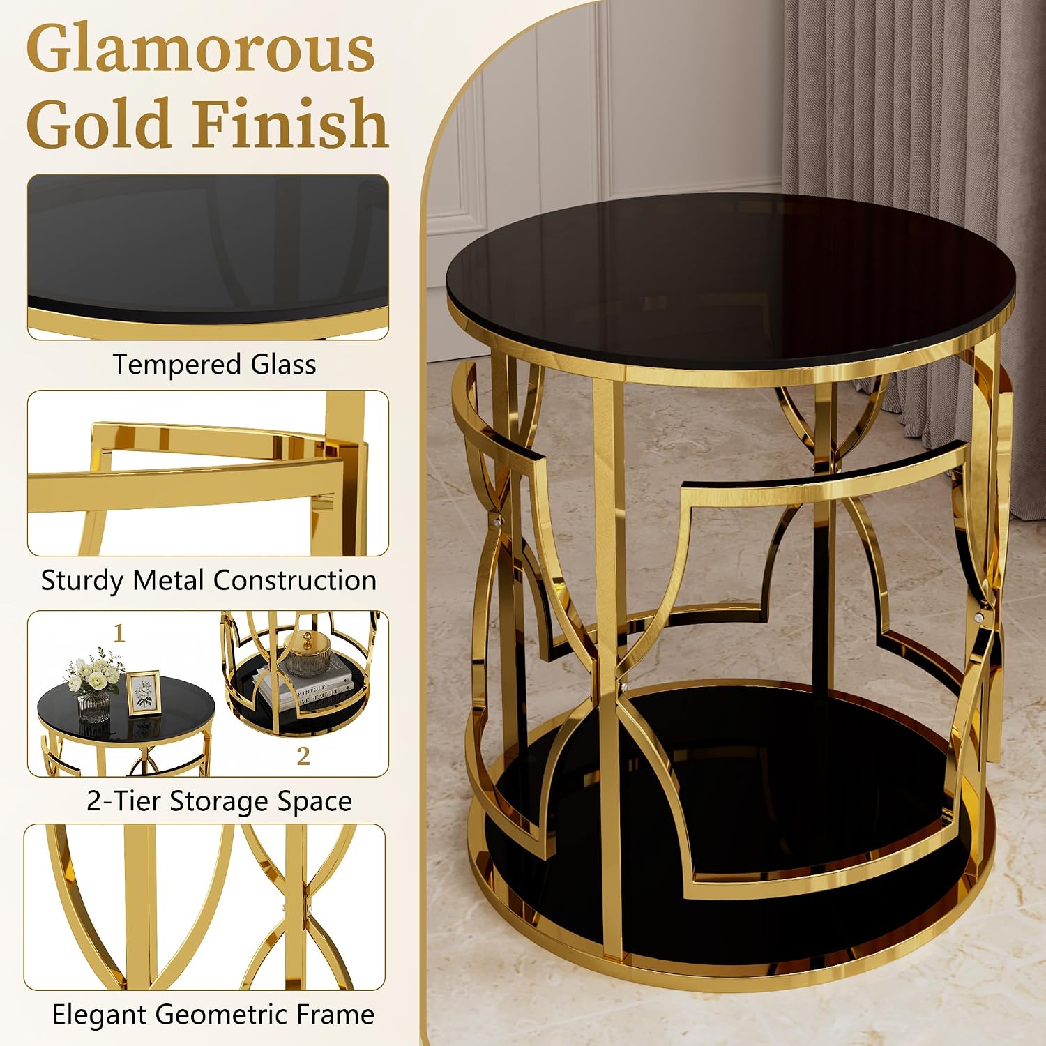 Merax 19.7" Round Gold Metal Side Table with Tempered Glass Top & 2-Tier Storage Shelf, Modern Coffee Table Glam End Table for Living Room, Bedroom, Sofa Side, Small Space, Black