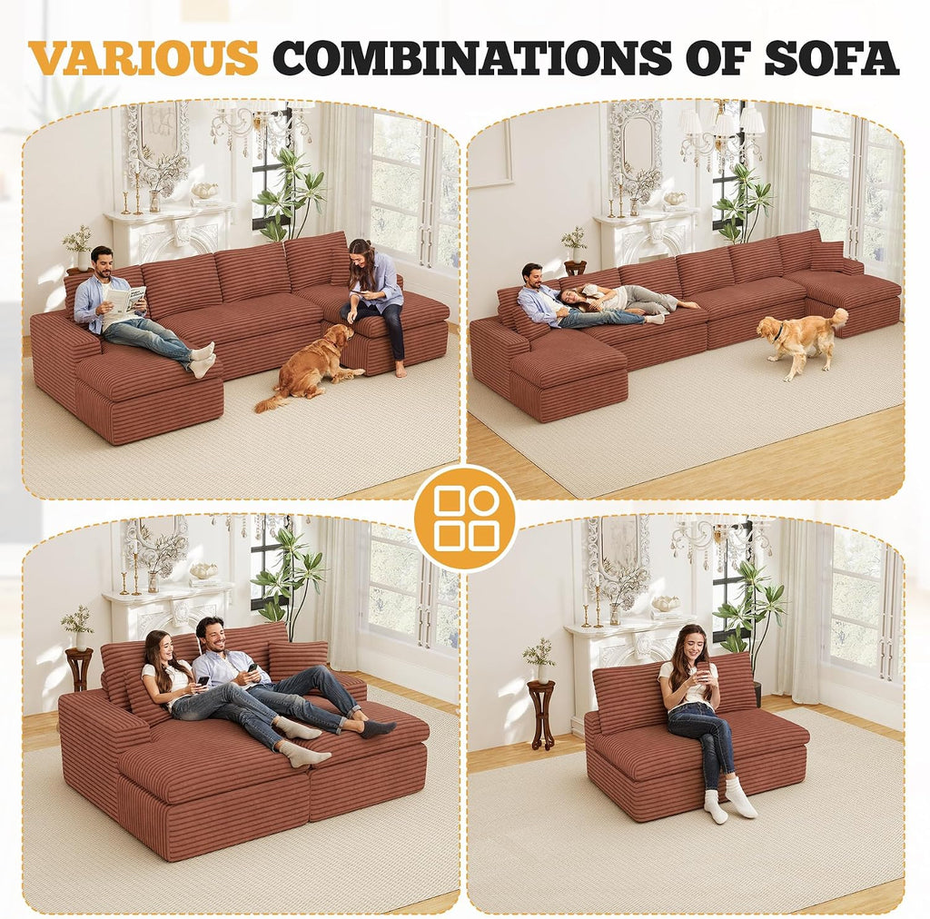 134" U Shaped Modular Sectional Sofa, Oversized Boneless Couches for Living Room,No Assembly Required Corduroy Cloud Couch with Chaise Lounge, Caramel 1 PCS