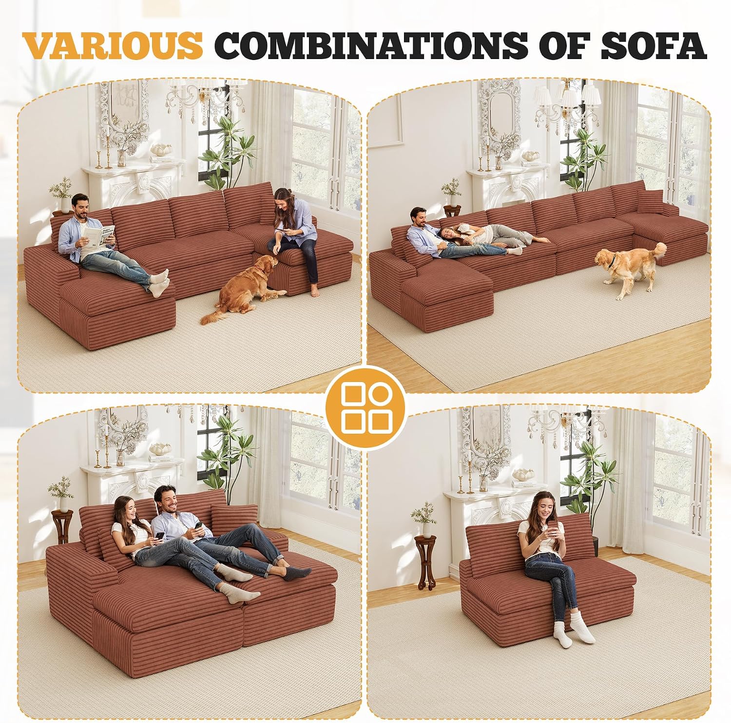 134" U Shaped Modular Sectional Sofa, Oversized Boneless Couches for Living Room,No Assembly Required Corduroy Cloud Couch with Chaise Lounge, Caramel 1 PCS