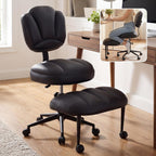 IPKIG Ergonomic Cross Legged Office Chair with Wheels, 360° Swivel Criss Cross Chair with Adjustable Footrest and Backrest for ADHD, Meditation, Yoga, PU Leather, Black