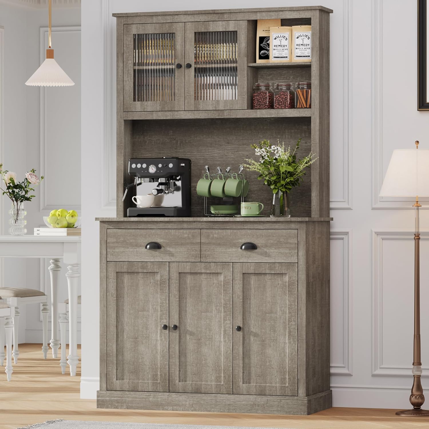 IDEALHOUSE Pantry with Drawers and Adjustable Shelves, 71”Tall Freestanding Kitchen Pantry Cabinet with Microwave Stand, Hutch Cabinet for Kitchen, Dining Room, Grey