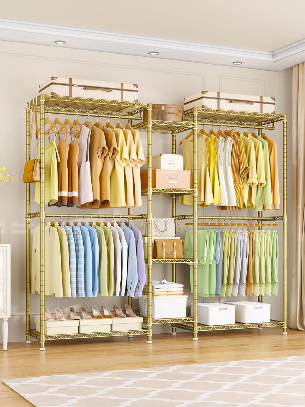 Ulif E4 Clothes Rack, Heavy-Duty Garment Rack, Metal Freestanding Clothing Organization Storage System Can Be L-Shaped with Shelves and Hangers, Max Load 962lbs, 71.6" W x 14.5" D x 79.3" H, Gold