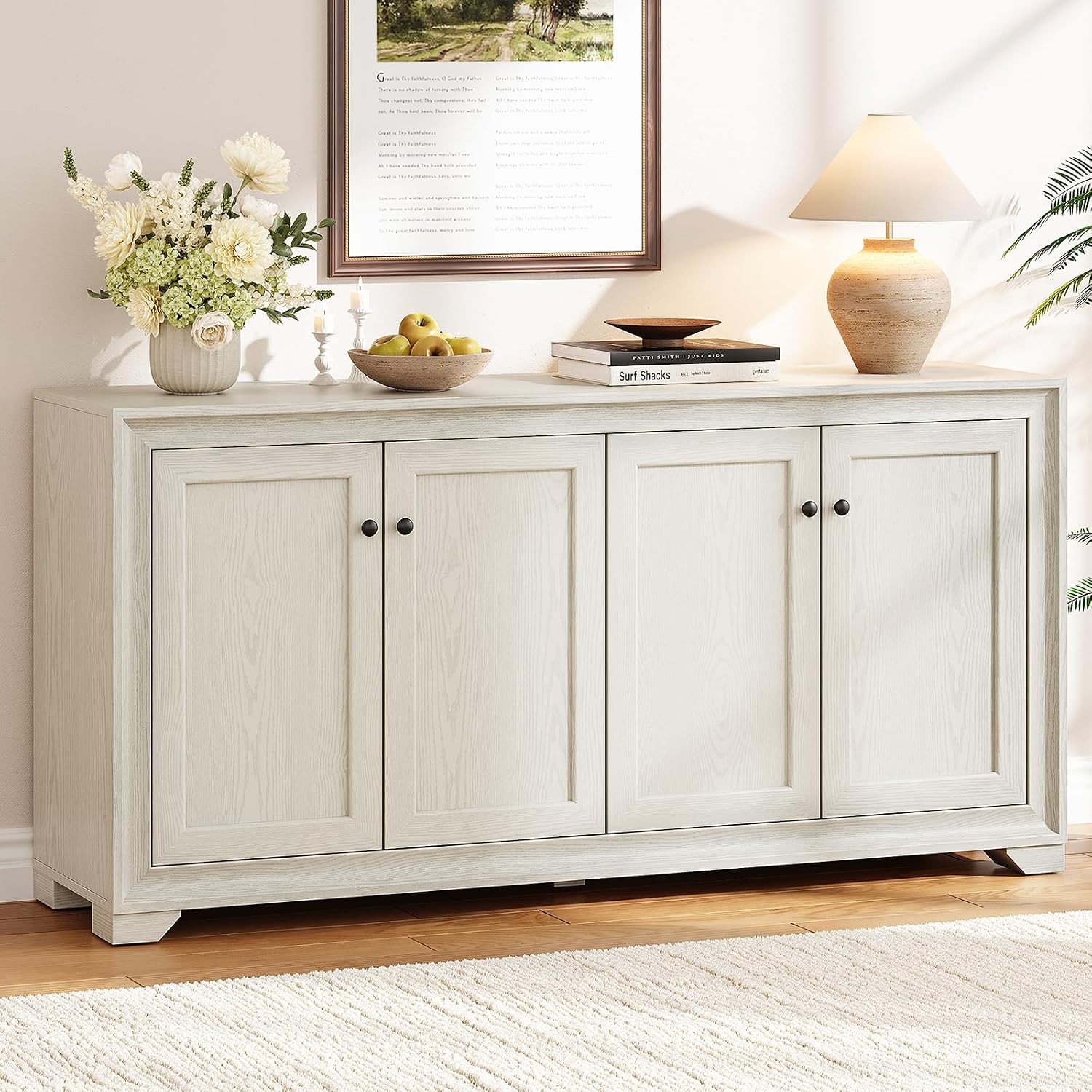 ONBRILL 60" Buffet Cabinet with Storage, 4 Doors Sideboard Buffet Cabinet with Adjustable Shelves, Modern Coffee Bar Console Table for Living Room, Kitchen, Entryway, Grey
