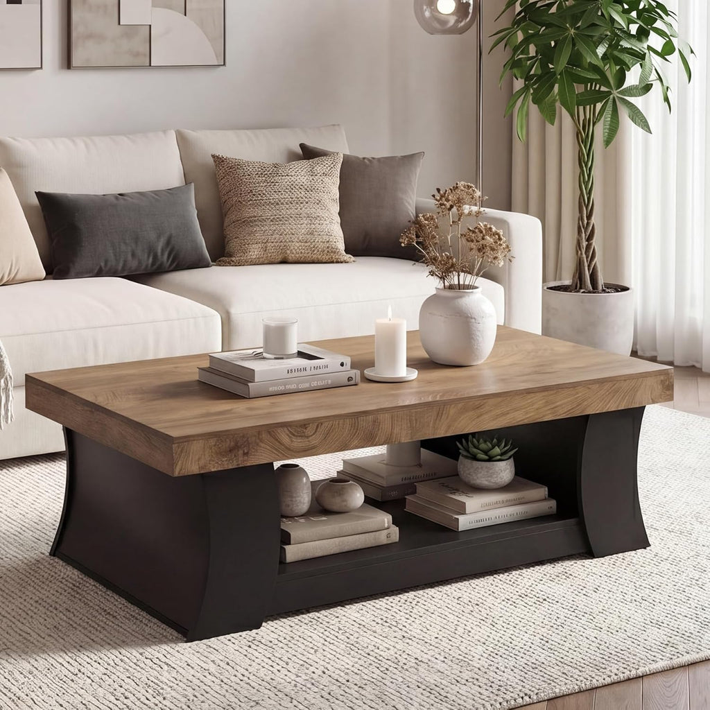 LITTLE TREE 55" Coffee Table, Living Room Table with Storage Shelf, Wooden Coffee Table, Modern Farmhouse Rectangle Center Table for Living Room, Bedroom, Office, Rustic Brown+Black