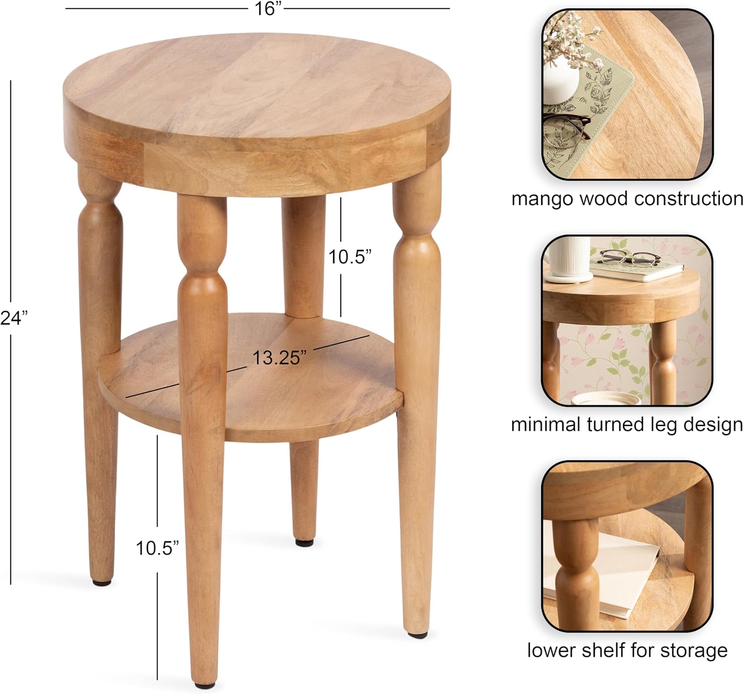 Kate and Laurel Ardentown Modern Round Wood Side Table, 16 x 16 x 24, Natural Wood, Turned Leg Two-Tier End Table for Use as a Bedroom Nightstand or Living Room Plant Stand Table