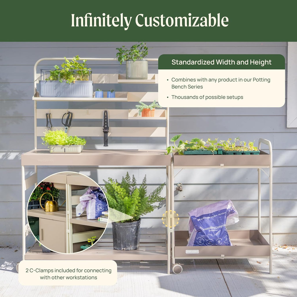Vego Garden Metal Garden Workstation, Outdoor Gardening Potting Table with Wheels, Work Bench with Large Powder-Coated Steel Tabletop for Outdoor