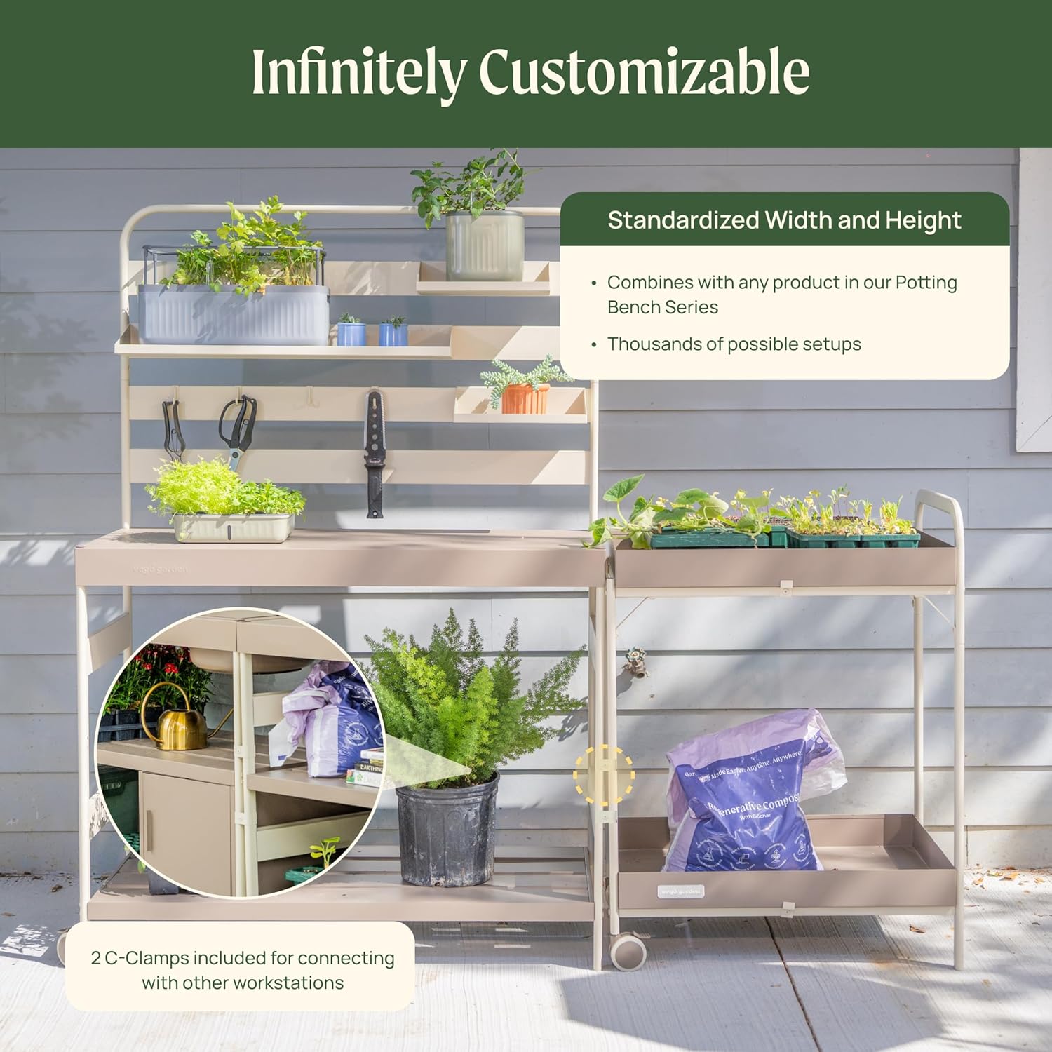 Vego Garden Metal Garden Workstation, Outdoor Gardening Potting Table with Wheels, Work Bench with Large Powder-Coated Steel Tabletop for Outdoor