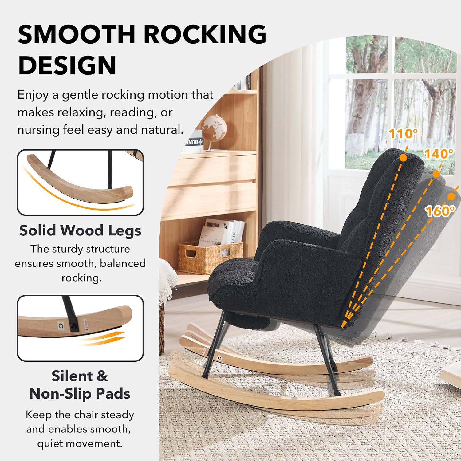 Nursing Rocking Chair, Teddy Glider Rocker with Footrest (Black) | Upholstered Accent Rocking Armchair with High Back & Side Pocket for Living Room Bedroom Nursery Office