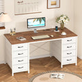 YOMILUVE 50 Inch Computer Desk with 8 Drawers, Home Office Desk with Power Outlets, Work Study Gaming Desk with 8 Fabric Drawers, Brown and White