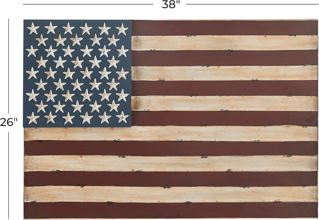 Deco 79 Metal American Flag Home Wall Decor Indoor Outdoor Wall Sculpture, Wall Art 38" x 2" x 26", Red