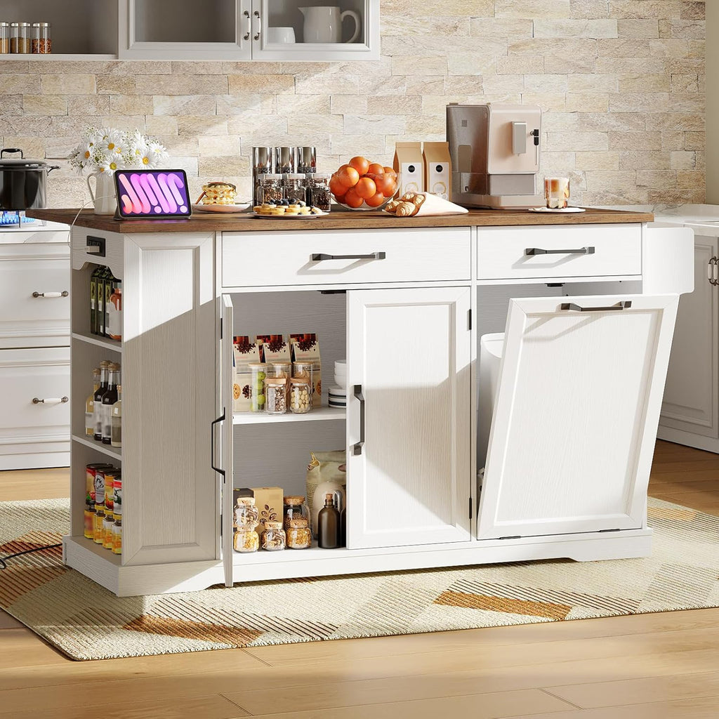 RALGEND Kitchen Island with Power Outlet & Drop Leaf, Rolling Storage Cart with Trash Storage Cabinet, Farmhouse Mobile Island Table for Kitchen, Dining Room, Hidden Casters, White and Walnut