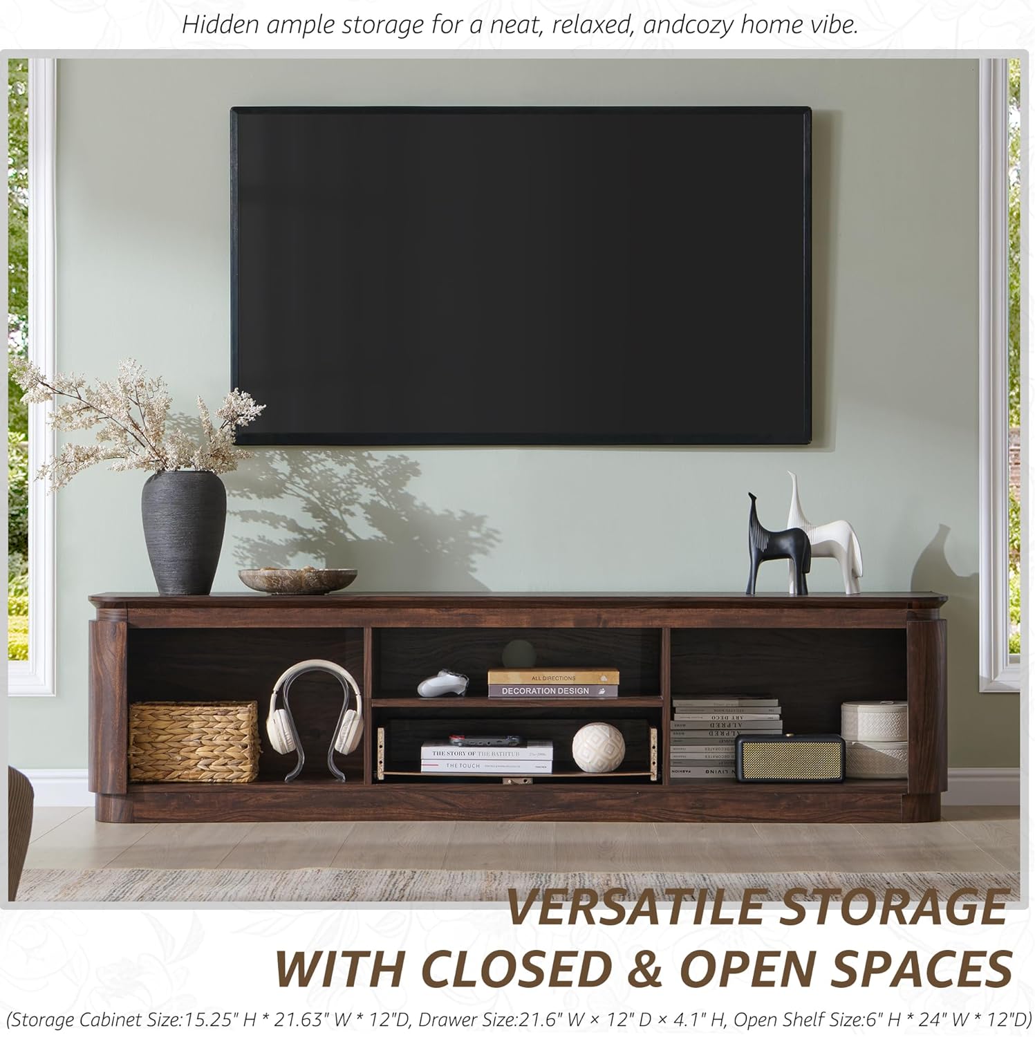 70" Fluted TV Stand for TVs Up to 80", Mid Century Modern Entertainment Center with Drawer, Storage Cabinet, Open Shelf, Wood Low Profile Media TV Console for Livingroom, Dark Walnut