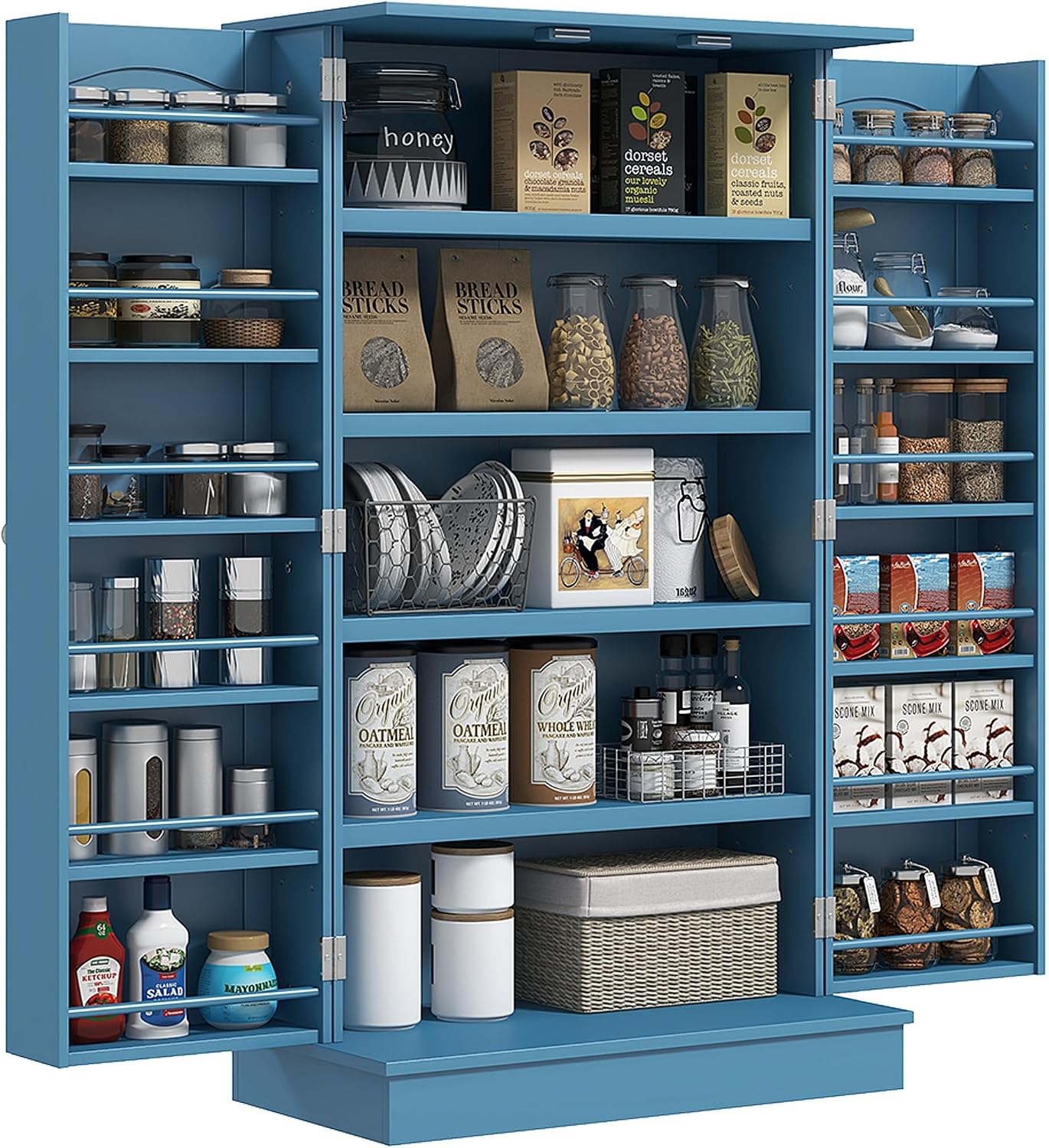 Storage Cabinet, 41" Kitchen Pantry with 12 Door Shelves and Adjustable Shelving, Double Doors, Blue
