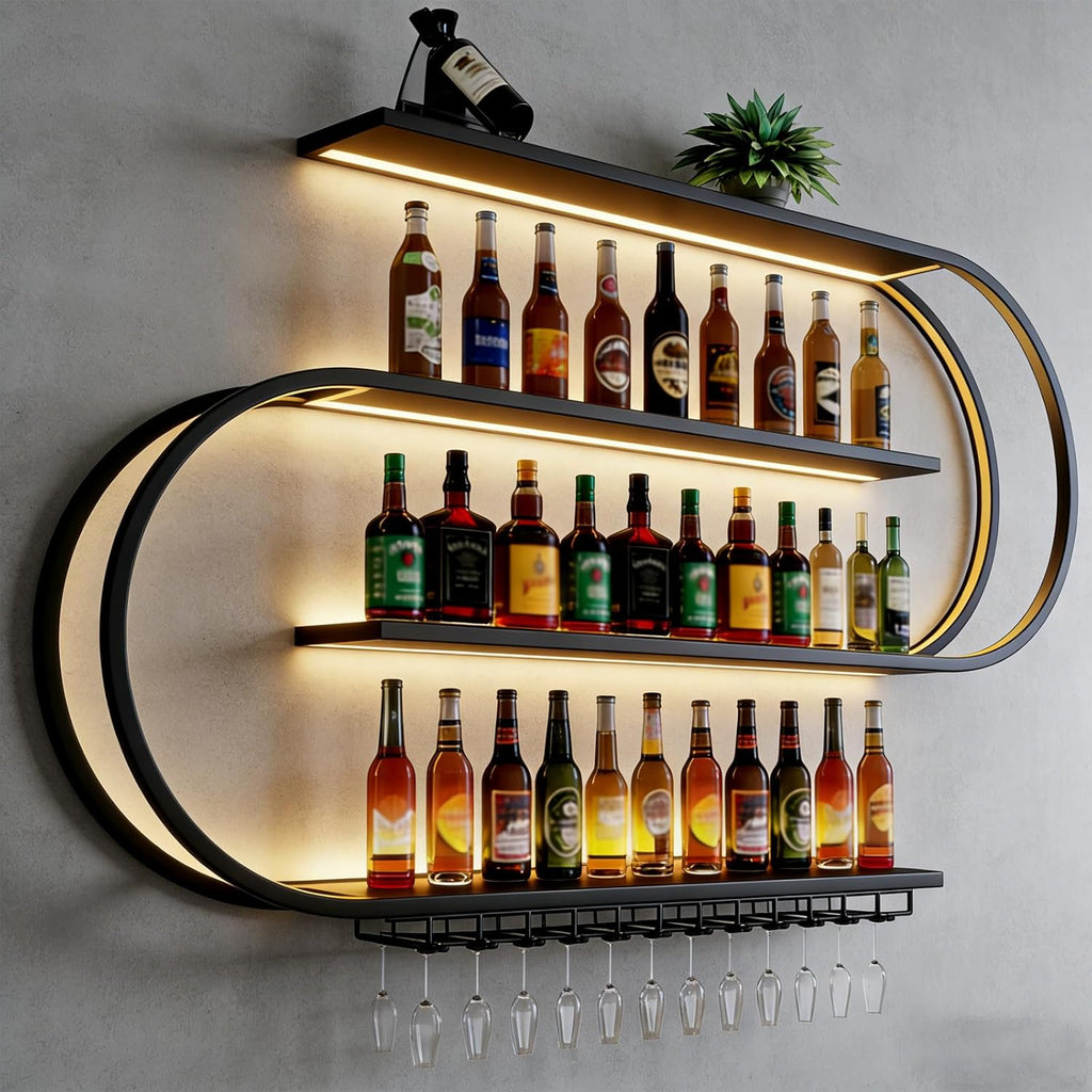 71in Large Wine Rack with LED Light, Half Round Wall Mounted Wine Rack, 4-Tiers Liquor Bottles Floating Shelves Display Storage for Home Bar Dining Room(Black, 71 * 7.87 * 47.2INCH)