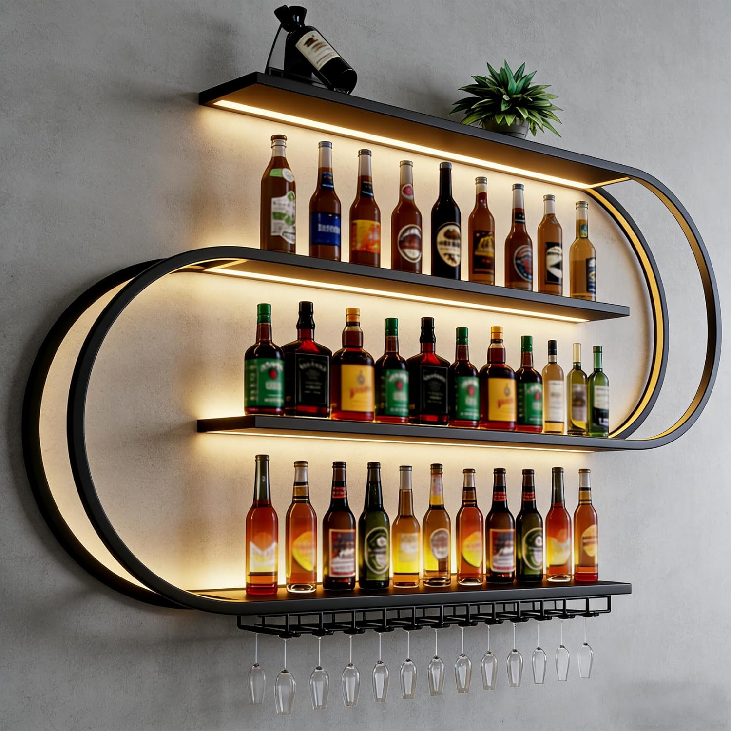 71in Large Wine Rack with LED Light, Half Round Wall Mounted Wine Rack, 4-Tiers Liquor Bottles Floating Shelves Display Storage for Home Bar Dining Room(Black, 71 * 7.87 * 47.2INCH)
