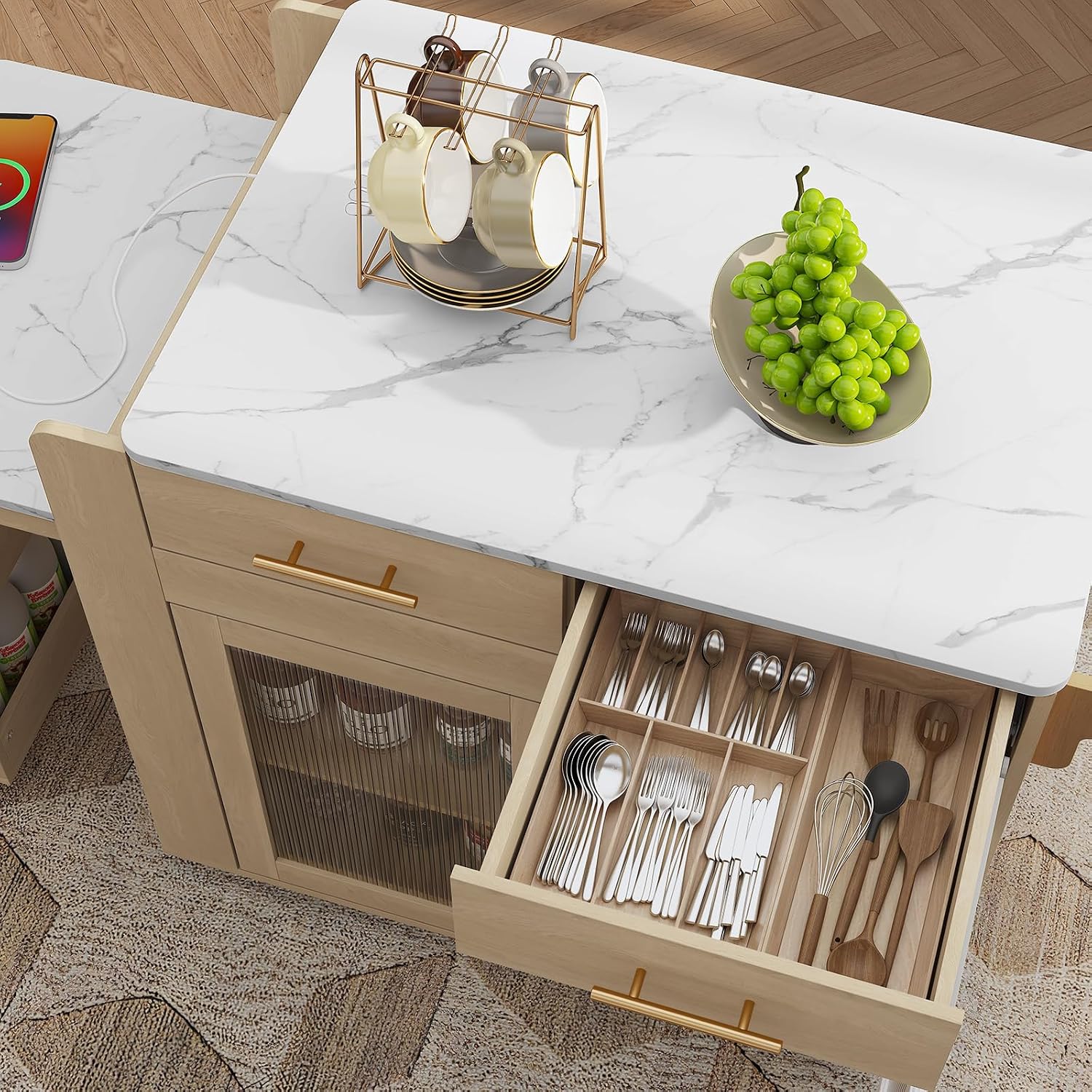 HLR 72" Kitchen Island with Extendable Dining Table, Marble Grain Top Storage Islands with Power Outlet, Rolling Cart on Wheels with Storage Cabinet and 2 Drawers, Pre Table for Kitchen