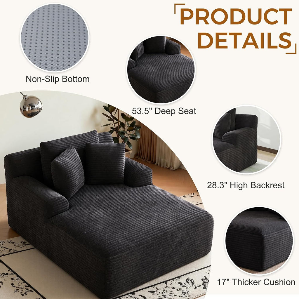 Avenix 66" Oversized Boneless Chaise Lounge Chair Indoor, Cloud Corduroy Reading Chair Deep Seat Sofa Couch Bed with 3 Pillows for Living Room, No Assembly Required, Black