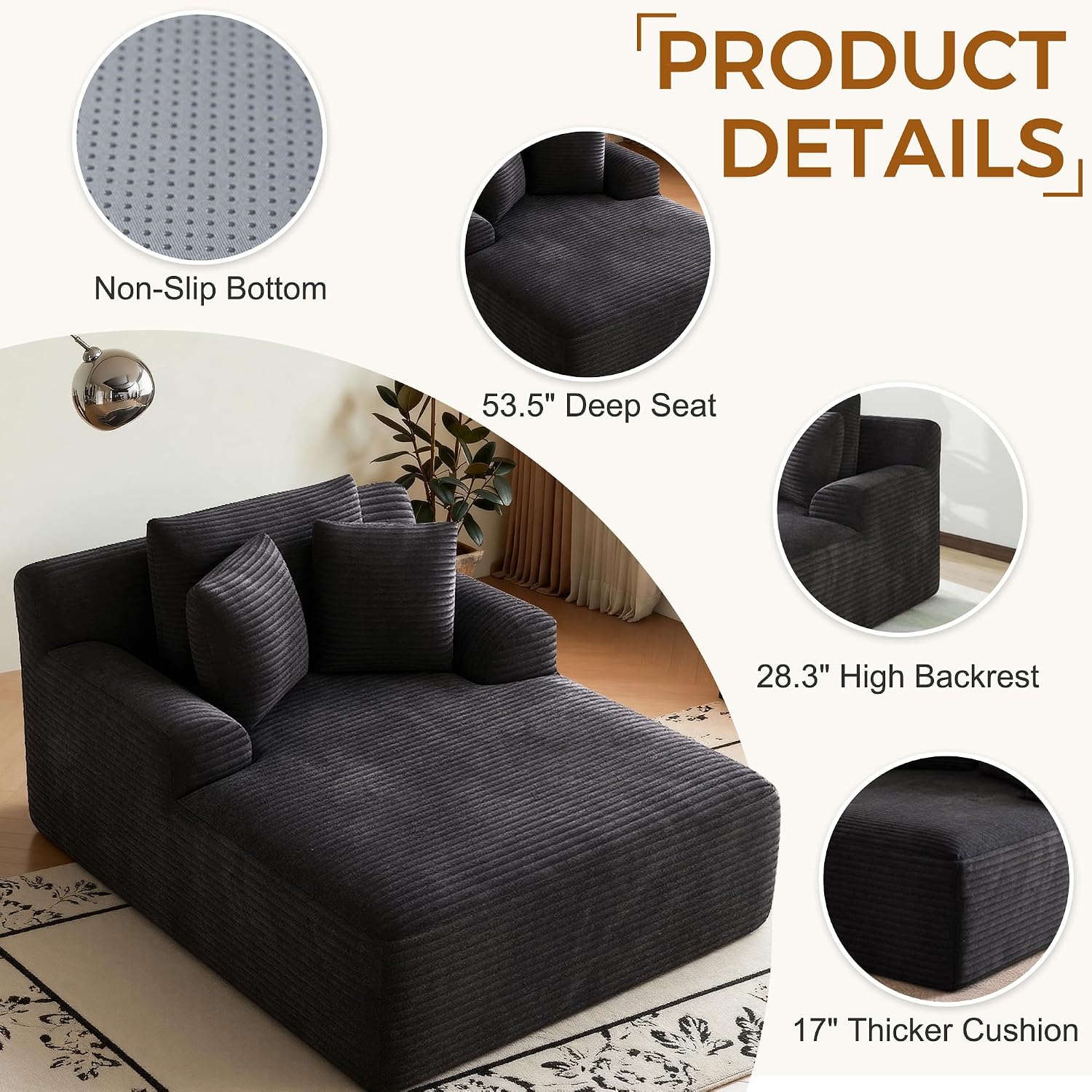 Avenix 66" Oversized Boneless Chaise Lounge Chair Indoor, Cloud Corduroy Reading Chair Deep Seat Sofa Couch Bed with 3 Pillows for Living Room, No Assembly Required, Black