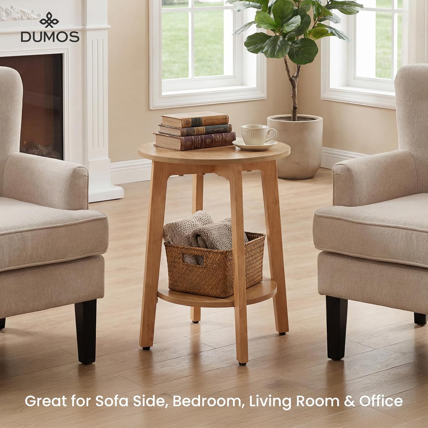DUMOS Small Round Side Tables for Small Spaces, 2-Tier Boho End Table with Storage Shelf, Sturdy Simple Trending Bedside Nightstand with Non-Slip Pads for Living Room, Bedroom, Natural Wood