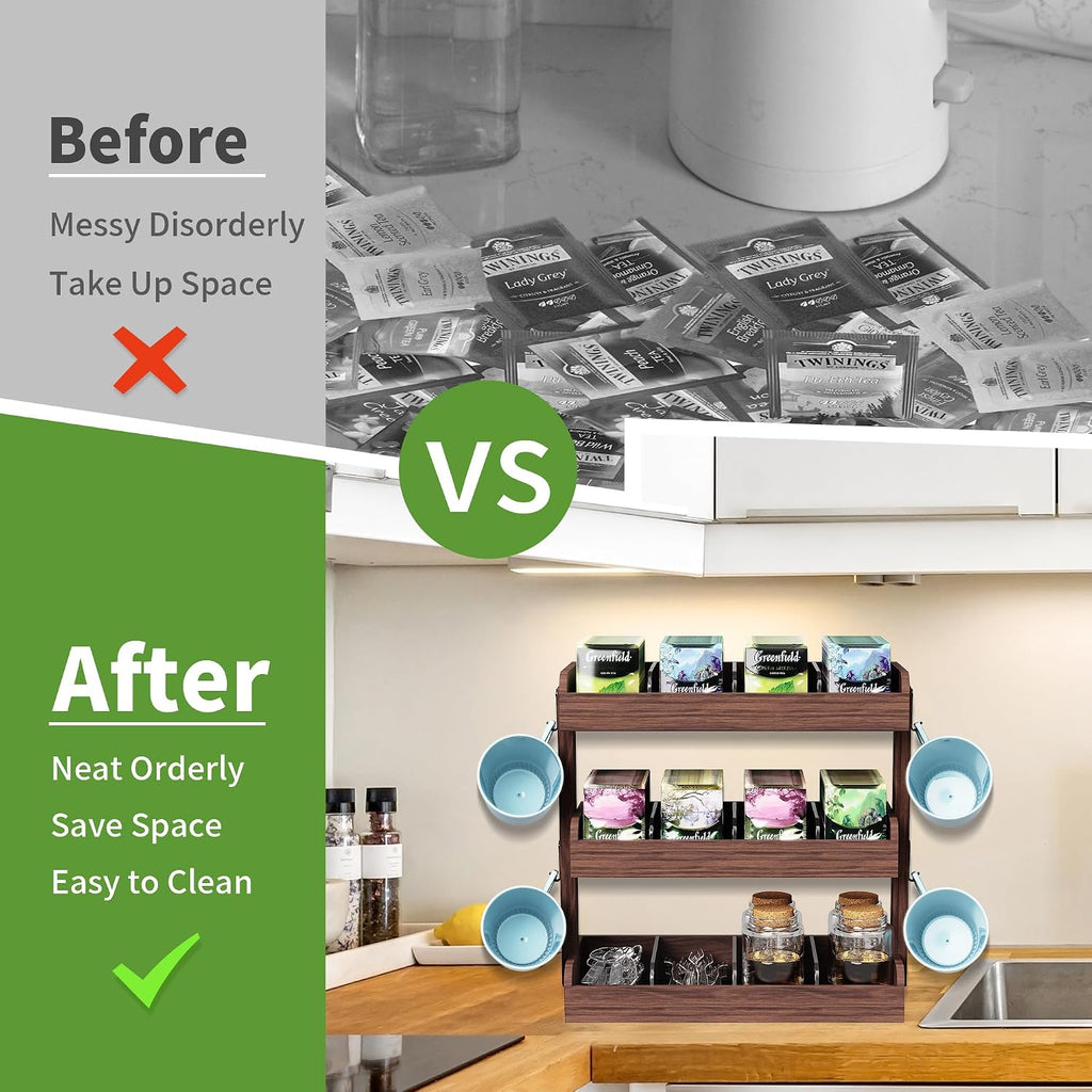 3 Tier Tea Bag Organizer Wall Mounted, Wooden Tea Box Organizer for Cabinet | Tea Bag Holder with Partitions and 4 Hooks, Tea Rack for Office, Kitchen, Cabinet, Pantry, Tea Organizers and Storage