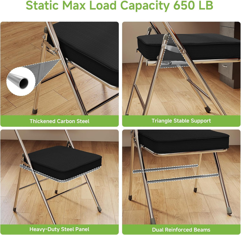 Real Relax Folding Chairs with Padded Thick Seat, Durable Corduroy Fabric, Portable Stackable Commercial Folding Office Chair with Steel Frame for Events Office Wedding Party,650LB,4 Pack,Black