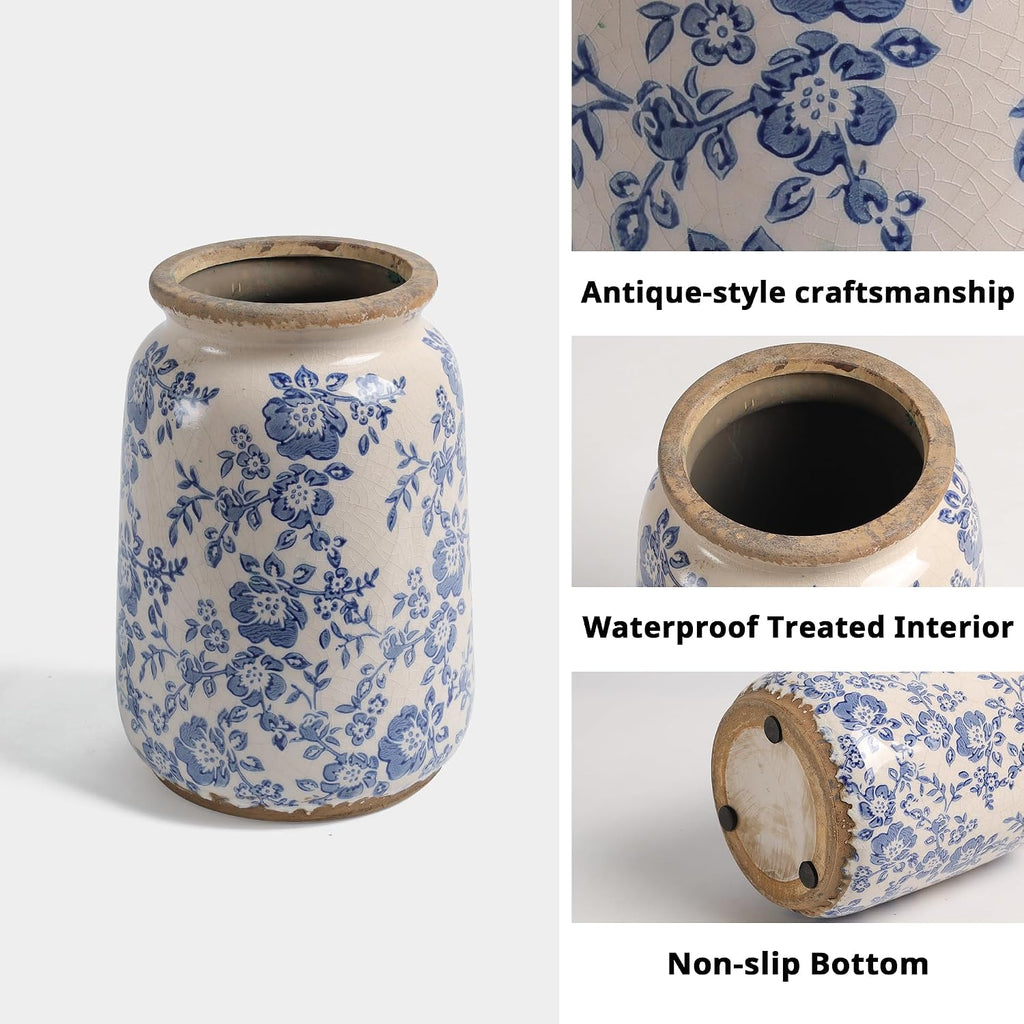 Ronasip Vintage Blue and White Chinoiserie Ceramic Vase, 6.9” Hand-Painted Peony Floral Design, Antique Style Vases for Home Decor, Centerpieces, Living Room, Balcony (Blue and White)