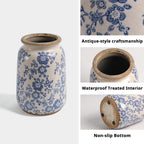 Ronasip Vintage Blue and White Chinoiserie Ceramic Vase, 6.9” Hand-Painted Peony Floral Design, Antique Style Vases for Home Decor, Centerpieces, Living Room, Balcony (Blue and White)