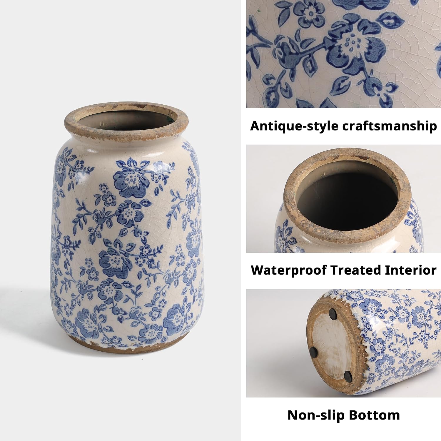 Ronasip Vintage Blue and White Chinoiserie Ceramic Vase, 6.9” Hand-Painted Peony Floral Design, Antique Style Vases for Home Decor, Centerpieces, Living Room, Balcony (Blue and White)