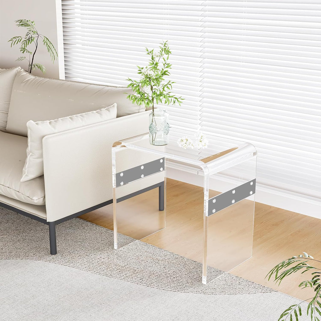 Dethan Clear Acrylic Accent Table, 16.3" x 12.0" x 18.1" U-Shape Modern Lucite End Table for Living Room and Bedroom Home Décor, (Silver)