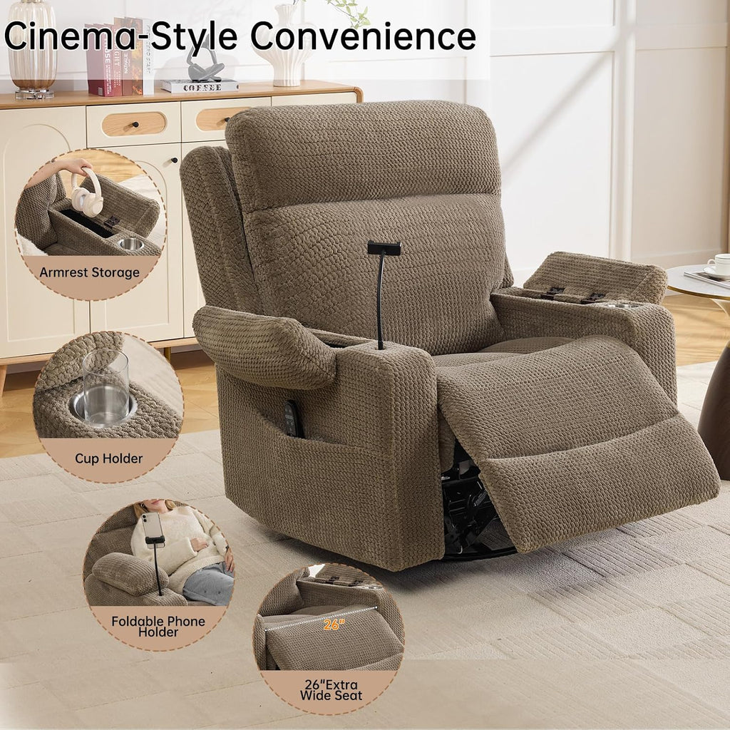 Power Swivel Rocker Recliner Chair with Massage & Heat, 26'' Oversized Glider Recliner Nursery Chair with Adjustable Headrest,Dual Motor Electric Recliner Chairs for Adults,Infinite Position,Camel