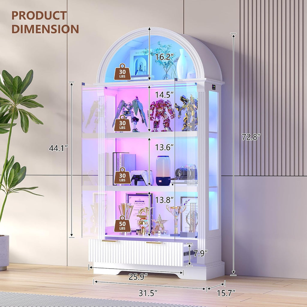 Dystler Curio Cabinet with RGB Lights, 72" Tall Arched Display Cabinet with Glass Doors, 4-Tier Large Shelf Display Case for Collectibles Bookcase Living Room, White