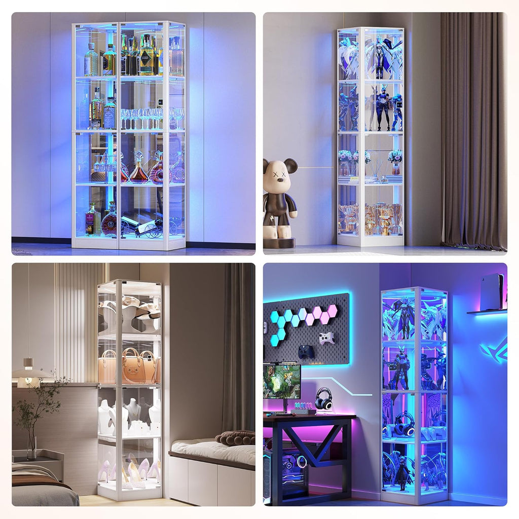 Dystler Corner Display Cabinet with Glass Doors, 68" Display Case with LED Lights, 4-Tier Curio Cabinets for Collectibles, Toys, Books, Mirrored Storage Cabinet, White