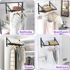 Over The Door Clothes Hanger with 2 Hooks, Stainless Steel Over The Door Hangers for Clothes with Storage Rack, Clothing Hanger Drying Racks for Laundry, Washroom, Fits Door Up to 1.77", Matte Black