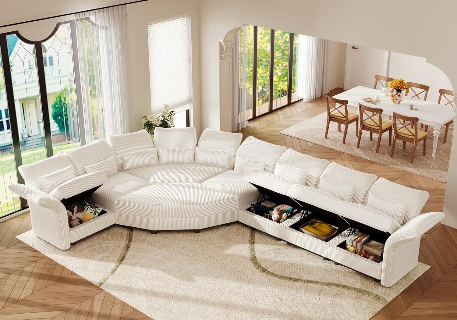 LLappuil Curved Oversized Sectional Couch with Storage & Hexagon Seat, L Shaped Modular Sectional Sofa for Living Room with Adjustable Arms Backs, Thick Plush Cushions, 8 Seater, Beige Corduroy